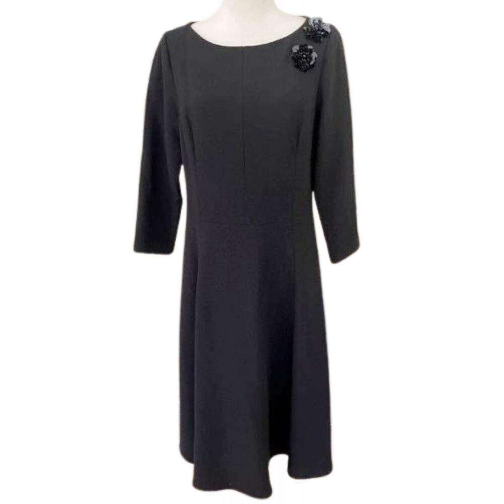 Rickie Freeman for Teri Jon Black 100% Wool Crepe Dress Floral Appliqué Size 12
